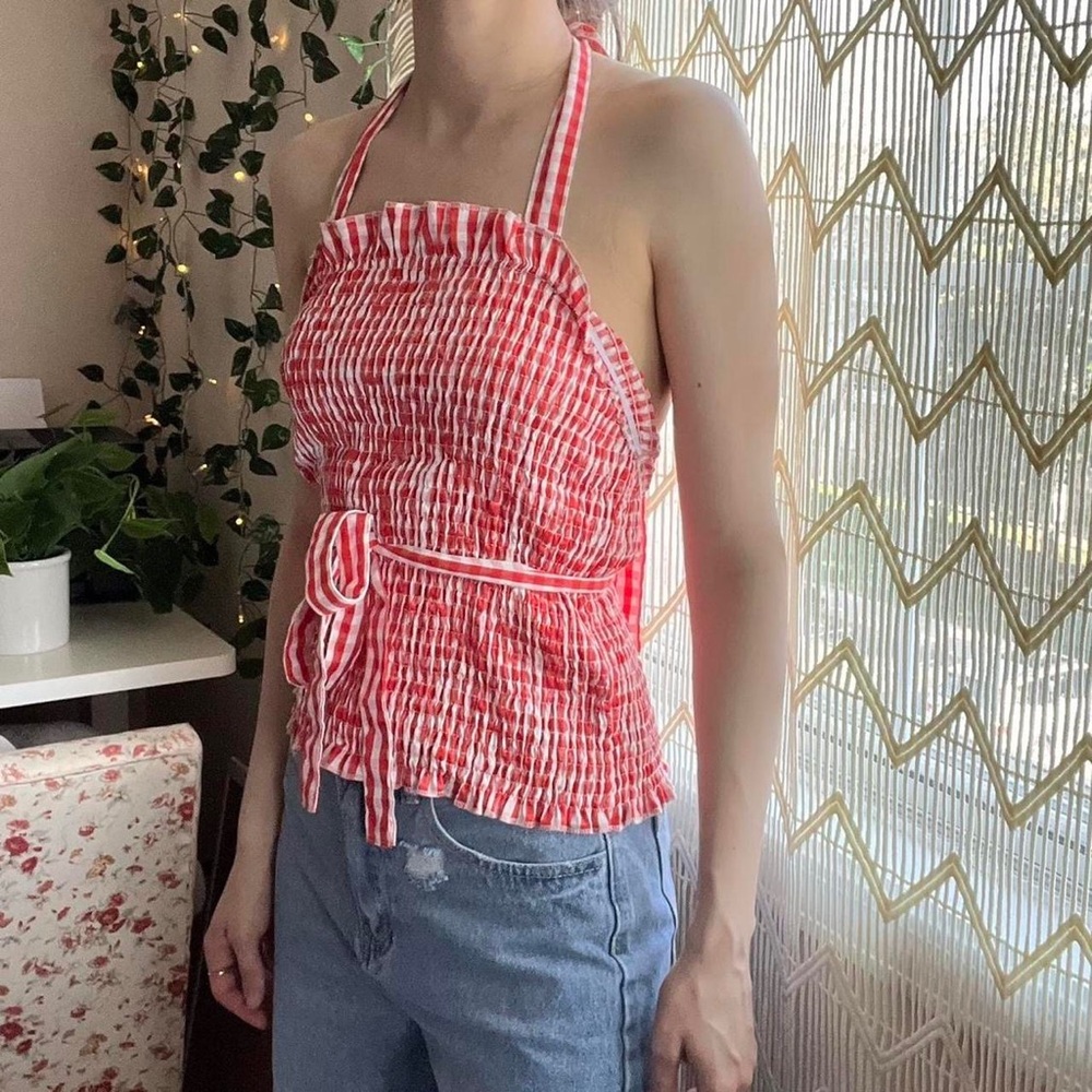 No Brand / Tags Smocked Red White Checkered Strappy Top